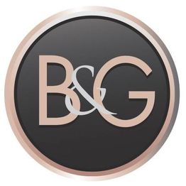 B&G logo with a black circular background, rose gold border, and intertwined letters.
