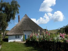 Reetdachhaus mit Blumen im Garten, blauer Himmel und Wolken im Hintergrund.
