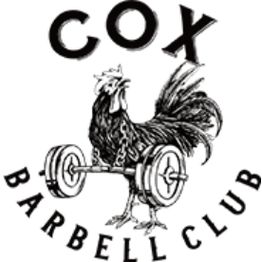 Rooster lifting weights with "Cox Barbell Club" text above and below.