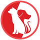 Red and white logo with a silhouette of a cat and dog in a circular design.