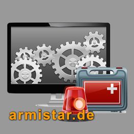 Monitor mit Zahnrädern, Erste-Hilfe-Koffer und rotem Alarmlicht, Text: armistar.de.