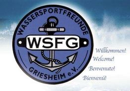 Logo der Wassersportfreunde Griesheim mit Anker. Text: Willkommen in verschiedenen Sprachen.
