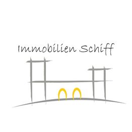Logo mit stilisiertem Gebäude, gelben Bögen und Schriftzug "Immobilien Schiff" darüber.