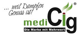 Logo von mediCig mit Slogan „... weil Dampfen Genuss ist!“ und „Die Marke mit Mehrwert“.