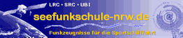 Seefunkschule NRW-Logo: Funkzeugnisse für Sportschifffahrt, Satellit und Funkwellen im Design.