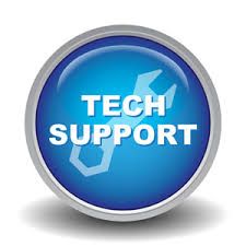 Blue tech support button with wrench icon in the background.