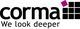 Logo mit dem Schriftzug "corma" und "We look deeper", daneben ein quadratisches Symbol in Magenta.