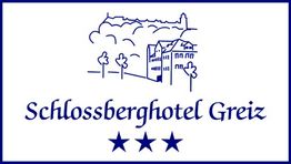 Logo des Schlossberghotels Greiz mit gezeichnetem Schloss und Hotel, darunter drei Sterne.