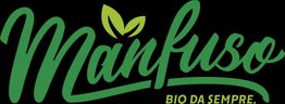 Logo "Manfuso" in verde, con foglie stilizzate e slogan "Bio da sempre" su sfondo nero.