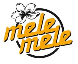 Texto "mele mele" en amarillo con una flor negra y blanca encima.