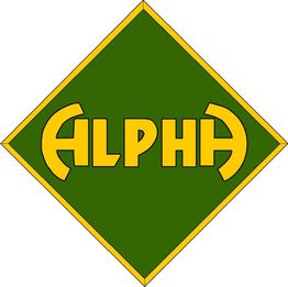 Logo "ALPHA" su sfondo verde e giallo, testo stilizzato all'interno di rombo.