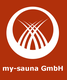 Logo mit weißem Kreis und Linien auf rotem Hintergrund, Text: "my-sauna GmbH".
