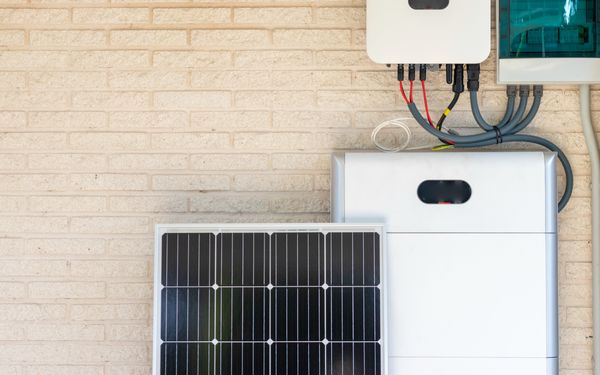 Vorderansicht eines Photovoltaikmoduls und einer Batterieinstallation, vor einer beigefarbenen Steinwand