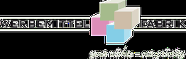 Logo mit bunten Würfeln, Text: "Werbemittel Fabrik", Slogan: "your wishes - our priority".