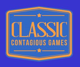 Classic Contagious Games logo with orange text on blue background, stars, and a decorative frame.