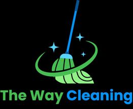 Green and blue mop logo with "The Way Cleaning" text, sparkles around.