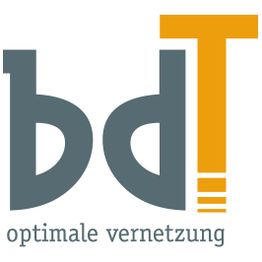 Logo mit den Buchstaben "bdT" und dem Slogan "optimale vernetzung" in grauer und gelber Schrift.