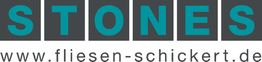 Logo mit dem Wort "STONES" in blauen Kästchen und Website: www.fliesen-schickert.de.