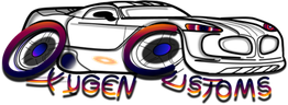 Logo mit stilisiertem futuristischem Auto, Text: "Kygen Customs" in bunten Farben.