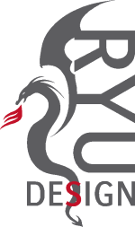 Logo mit drachenförmigem "R" und dem Schriftzug "RYU DESIGN". Rot und graue Farbtöne.