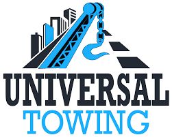 Universal Towing logo with a tow hook, buildings, and road graphic in blue and black.