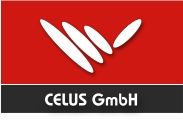 Rotes Logo von CELUS GmbH mit weißen ovalen Formen darüber.
