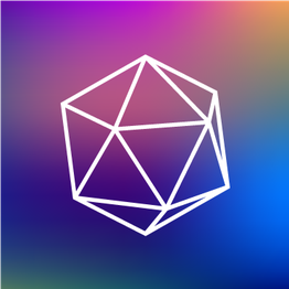 Icosaèdre blanc sur fond dégradé de couleurs vives allant du violet au bleu.