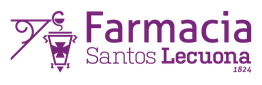 Logo morado de "Farmacia Santos Lecuona" con símbolo de mortero, año 1824.