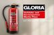 Ein roter Feuerlöscher neben dem Logo „GLORIA“, mit Text über den Servicepartner Martin Pilzer.