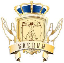 Escudo con corona azul, figura de Vitruvio en el centro y cinta con "SACRUM" en la parte inferior.