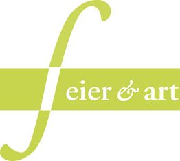 Grünes Logo mit Text "feier & art" in weißer Schrift auf grünem Hintergrund.