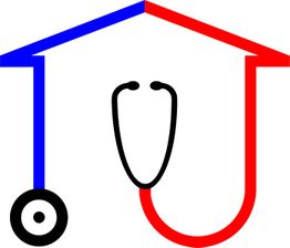 Stethoskop-Logo in Form eines Hauses, blaues Dach, roter Rahmen und Rad links.