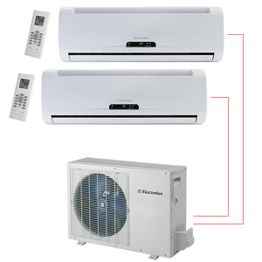 Dois splits de ar-condicionado Electrolux com controle remoto, conectados a uma unidade externa.
