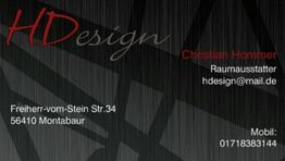 Visitenkarte von HD Design, dunkler Hintergrund, Kontaktinfos von Christian Hommer, Raumausstatter.