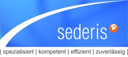 Blaues Logo mit Schriftzug "sederis" und Schlagworten: spezialisiert, kompetent, effizient, zuverlässig.