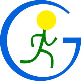 Blaues "G" mit grünem Strichmännchen und gelbem Kopf in der Mitte, symbolisiert Bewegung.