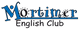 Logo mit Schriftzug "Mortimer English Club" in blauer und schwarzer Farbe.
