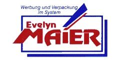 Logo: „Evelyn Maier“, mit Text „Werbung und Verpackung im System“ und blauen Rahmen.