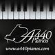 Piano keys with "A440 Pianos" logo and website URL on a black background.