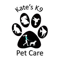 Logo with a paw print, animals, a person and dog walking, with text "Kate's K9 Pet Care".