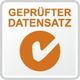 Orange Häkchen-Symbol mit dem Text "Geprüfter Datensatz" auf weißem Hintergrund.