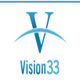 Blue "V" with a curved line above "Vision33" in blue text on white background.