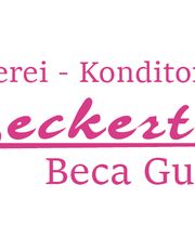 Logo der Bäckerei Beckert Beca Gutaj mit roten Schriftzügen und Zeichnungen von Kuchen tragenden Figuren.