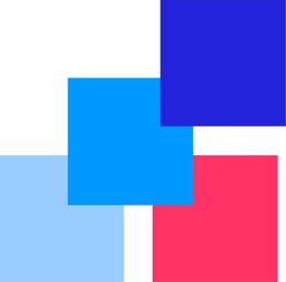 Vier bunte Quadrate: dunkelblau, hellblau, rot und pink, überlappen auf weißem Hintergrund.