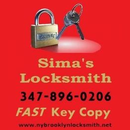 Red background with a lock and keys. Text: "Sima's Locksmith, 347-896-0206, FAST Key Copy."