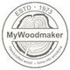 Logo mit Baumstammschnitt und Schrift: "ESTD 1973 MyWoodmaker, Handmade wood - turns into emotion".
