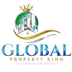 Logo with buildings, globe, and crown. Text: "GLOBAL PROPERTY KING - Get treated like royalty."