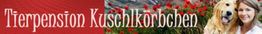 Roter Schriftzug "Tierpension Kuschelkörbchen", daneben eine Frau mit Hund vor roten Blumen.