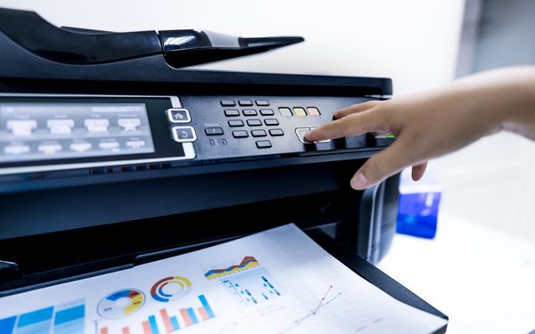 Ein Laserdrucker in einem Büro wird von einem Mitarbeiter bedient.
