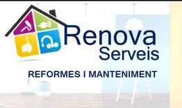 Casa con iconos, texto "Renova Serveis" y "Reformes i Manteniment", fondo de pared y suelo.
